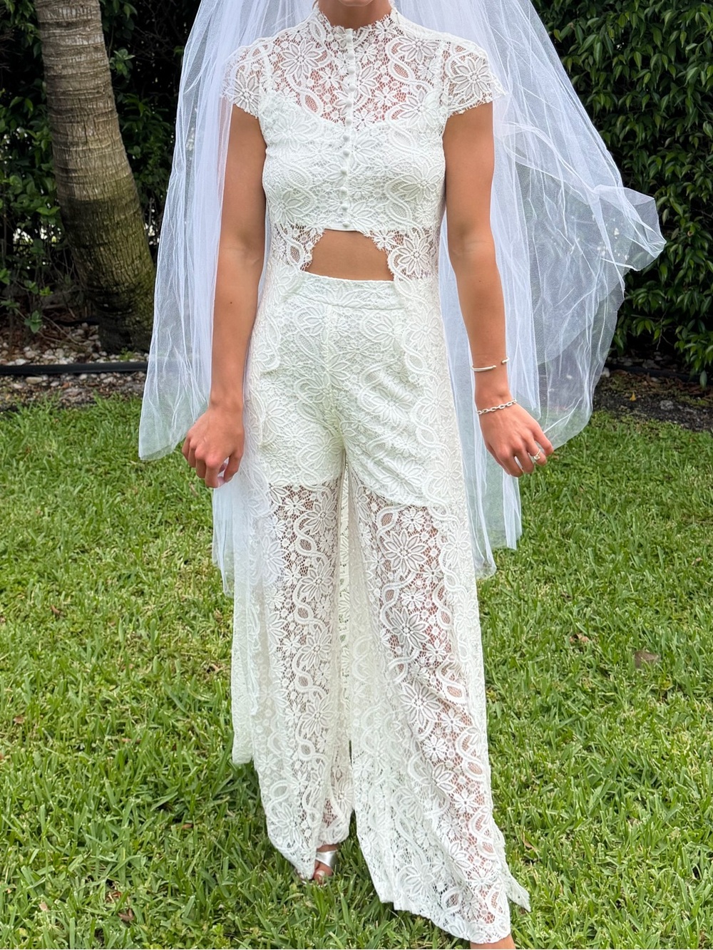 Loana White Floral Lace Top & Trousers Set
